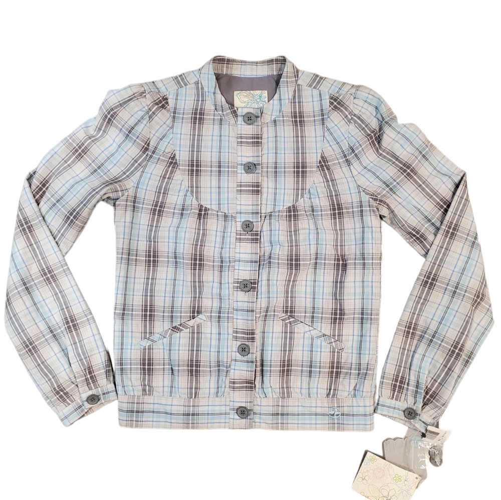 Split Women Blue Plaid Print Button Bomber Jacket Size XS - Picture 8 of 12